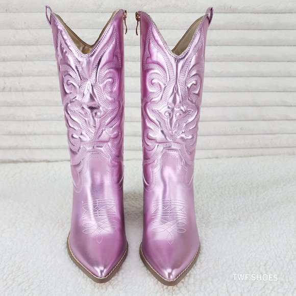 Electric Mid Calf Cowboy Baby Pink Brush Metallic Matte Western Cowgirl Boots - Picture 4 of 13